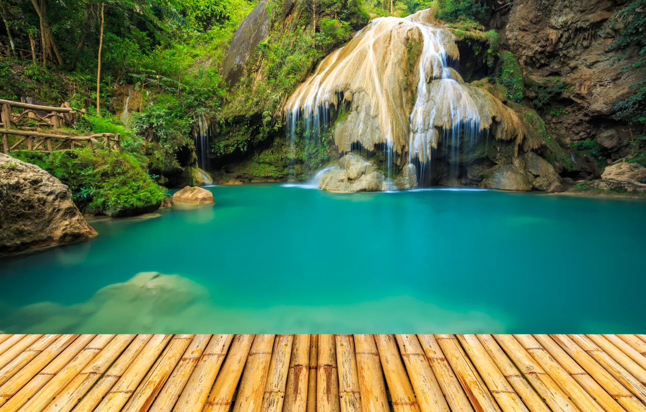 Photo wallpaper forest, Park, stones, waterfall, Thailand, bridges, pond