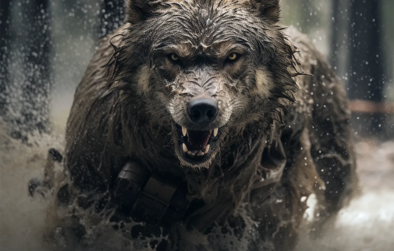 Photo wallpaper Water, Look, Wolf, Face, Predator, Front, Digital art, Grin