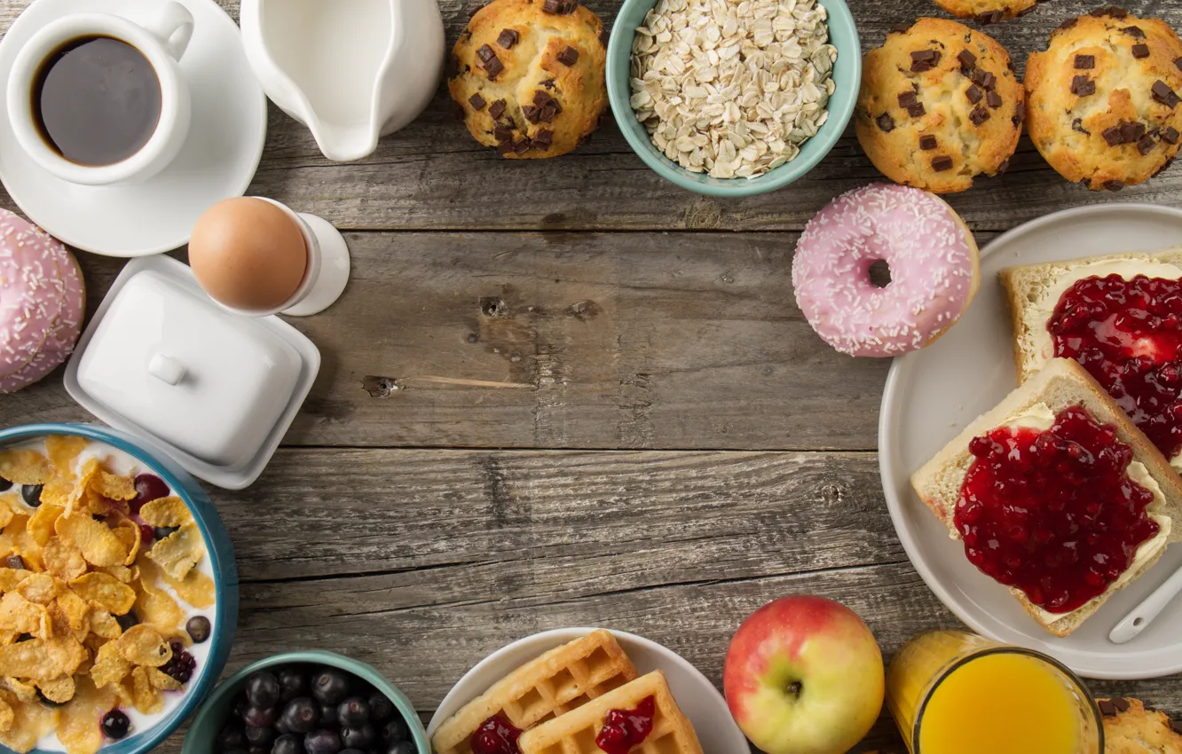 Photo wallpaper coffee, eggs, Breakfast, donuts, cupcakes