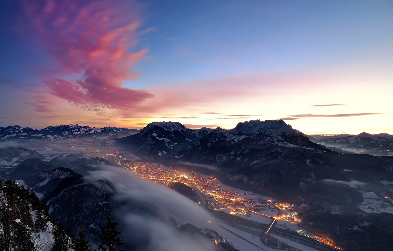 Photo wallpaper winter, snow, mountains, the city, lights, the evening, valley, Alps