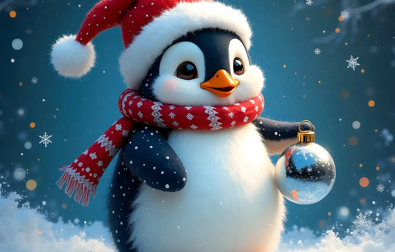 Photo wallpaper winter, the sky, balls, snow, snowflakes, bird, new year, penguins