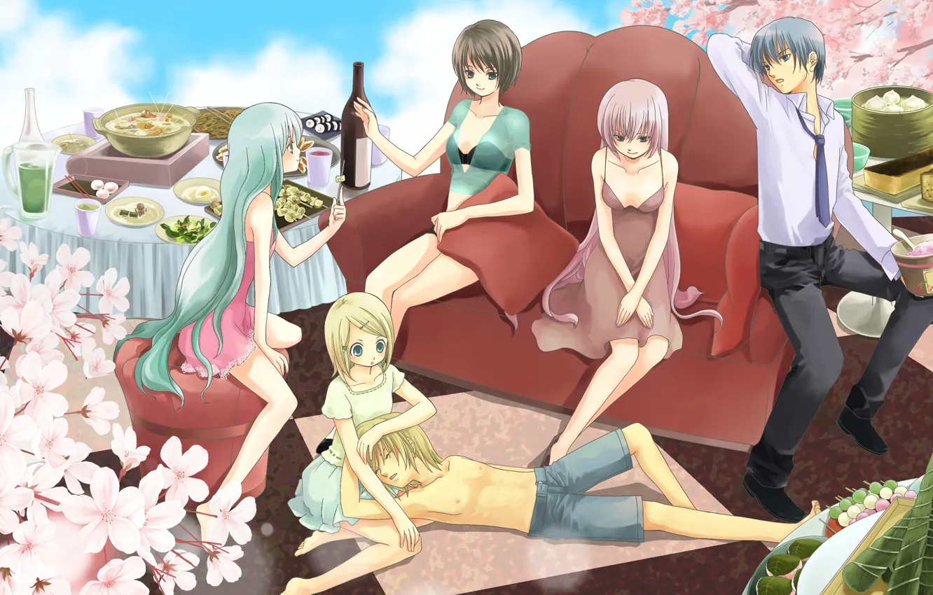 Photo wallpaper table, sofa, anime, art, Vocaloid, Vocaloid, characters, sitting