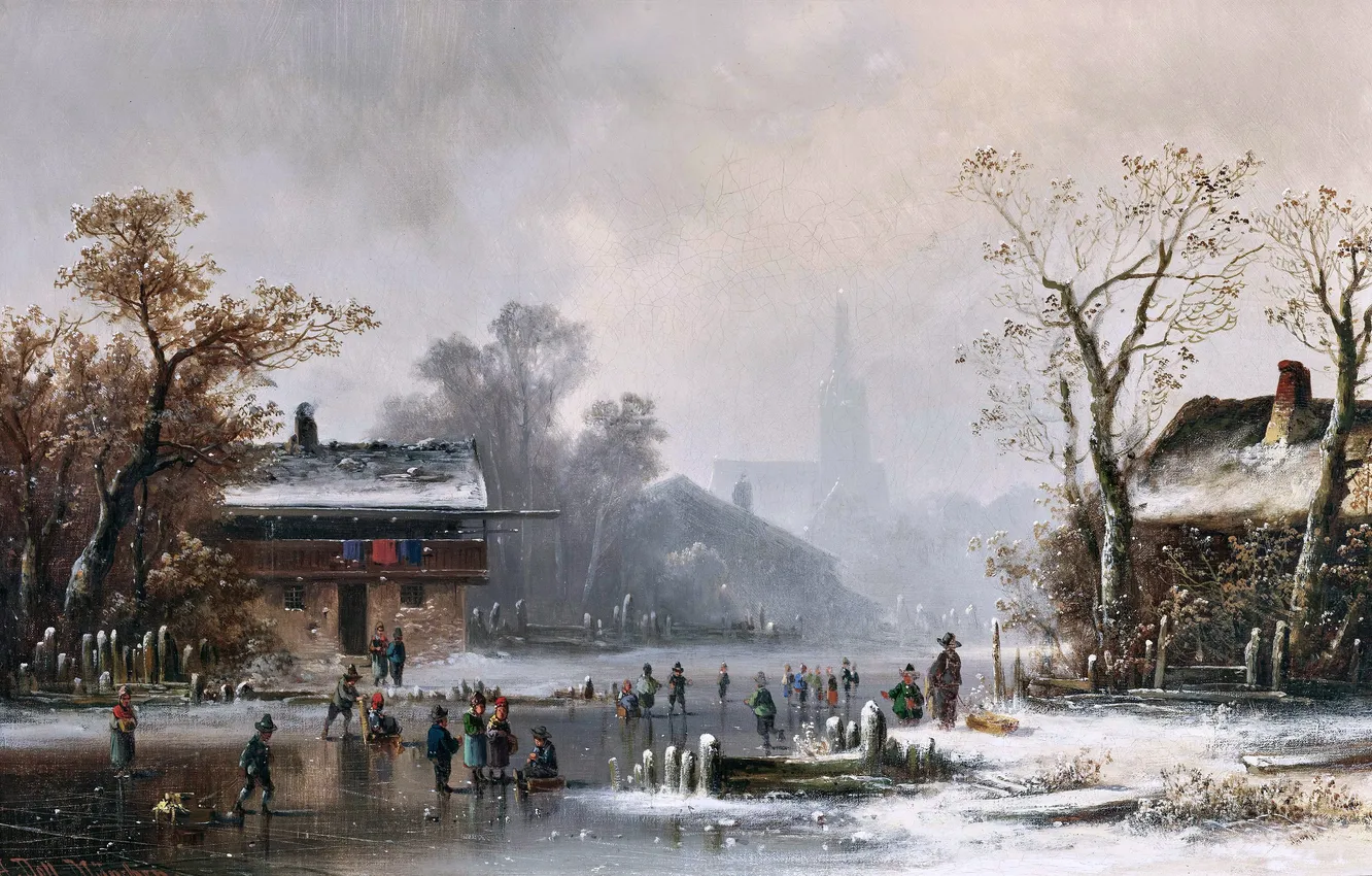 Photo wallpaper ice, winter, snow, people, home, picture, German painter, Anton Doll