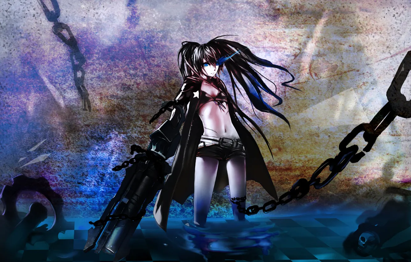 Photo wallpaper water, girl, weapons, anime, art, gun, chain, black rock shooter