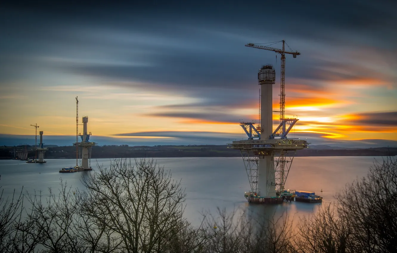 Photo wallpaper sunset, bridge, river, Edinburgh, New crossing
