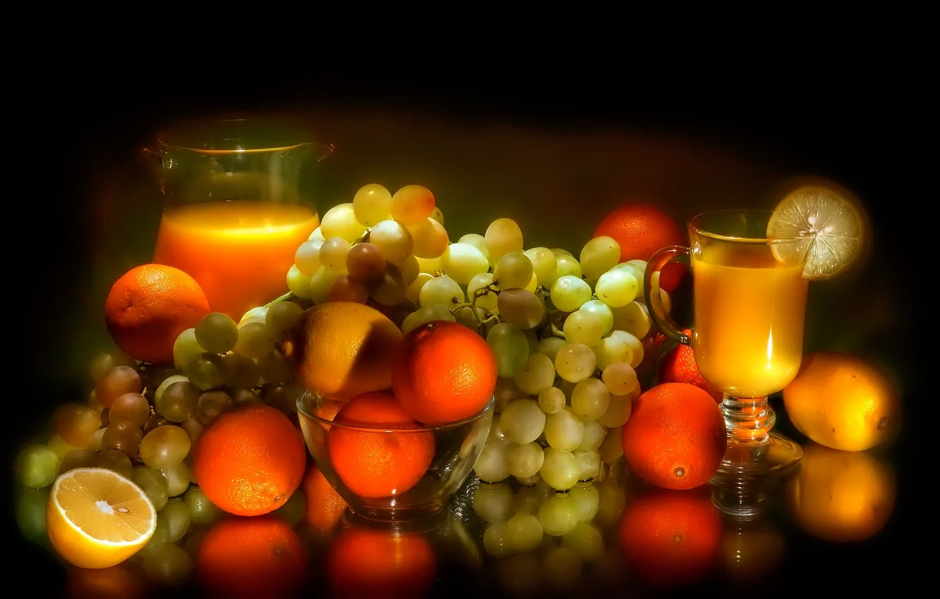 Photo wallpaper glow, oranges, juice, grapes, lemons