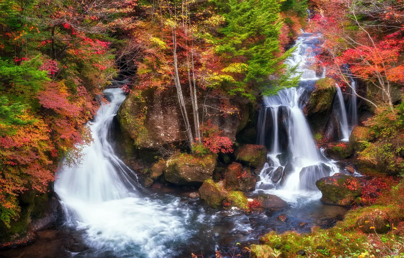 Photo wallpaper autumn, landscape, river, waterfall