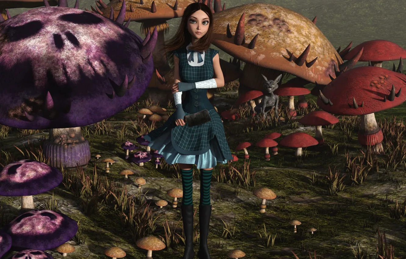 Photo wallpaper mushrooms, Alice, girl