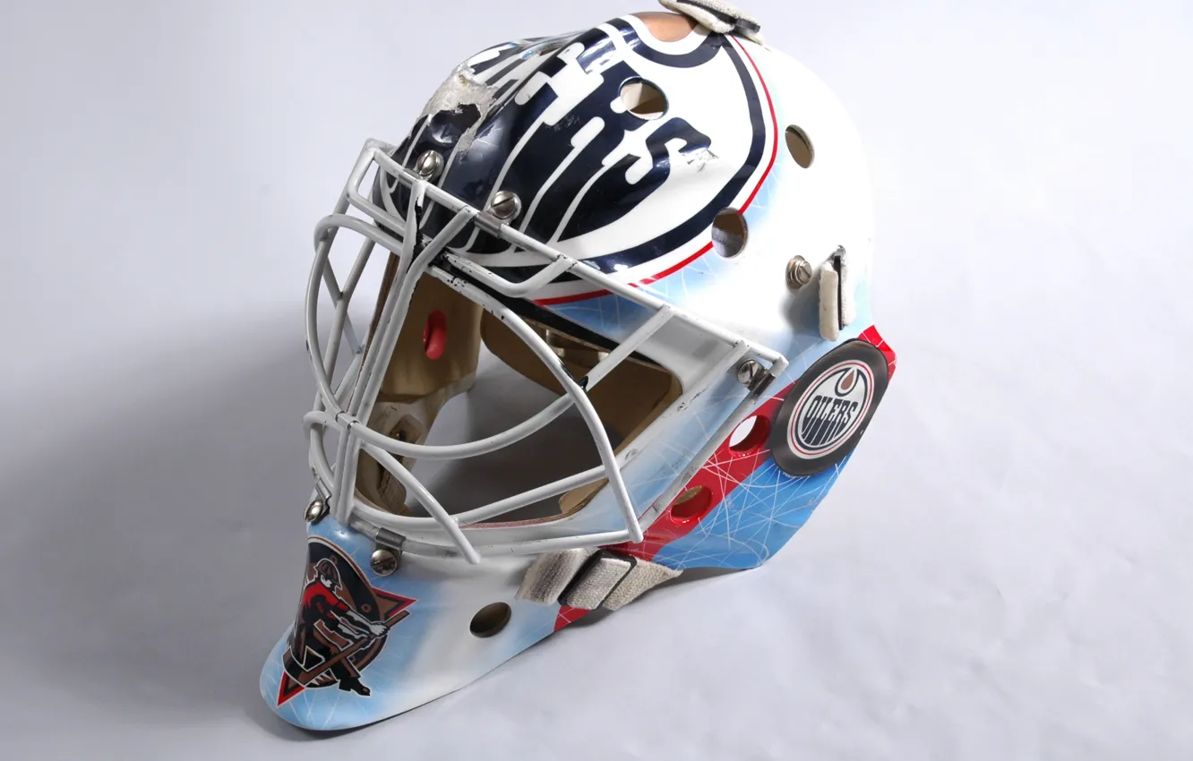 Photo wallpaper mask, hockey, goalkeeper, hockey, mask, Edmonton, oilers, gage