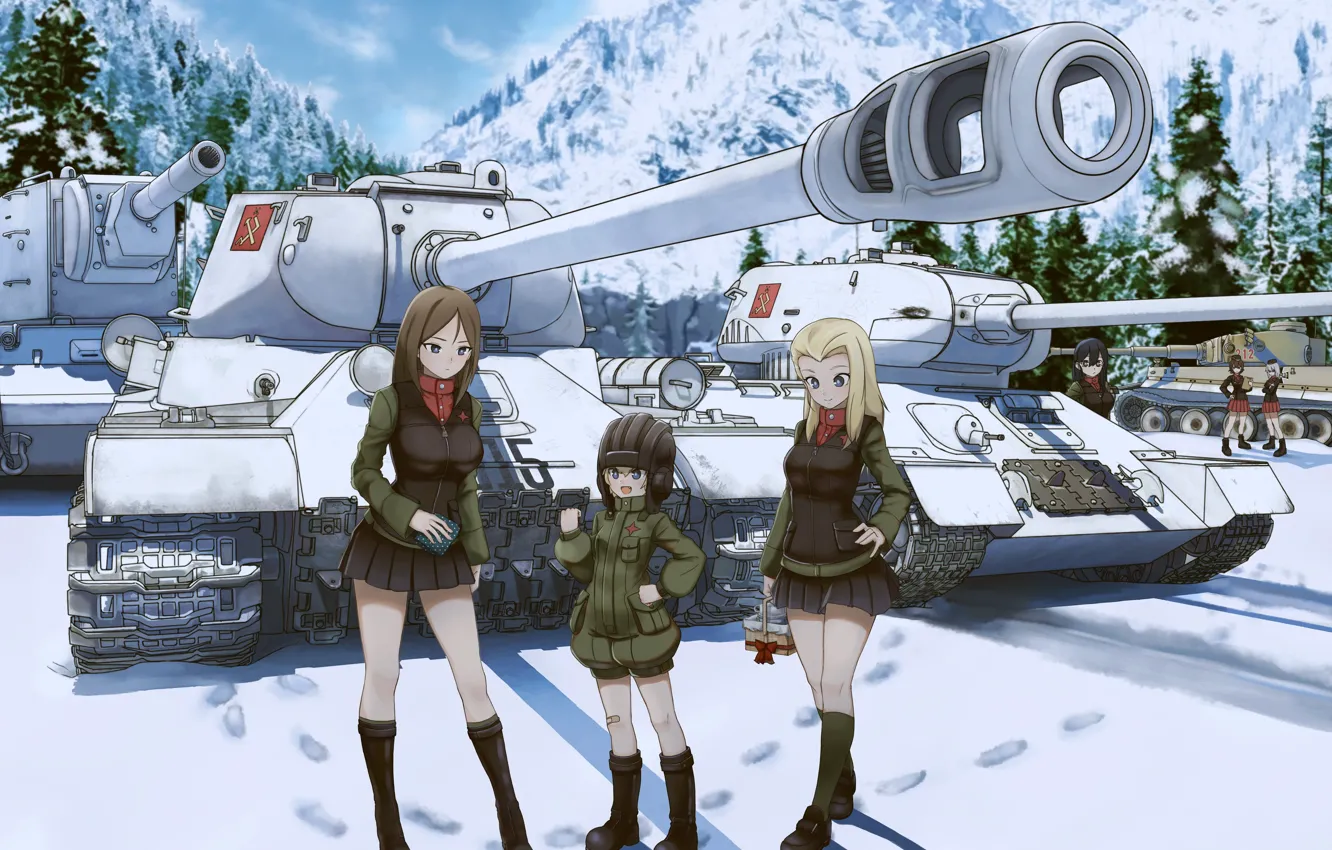 Photo wallpaper Winter, Snow, Tanks, Tank, Nonna, Klara, Girls and Panzer, T-34-85