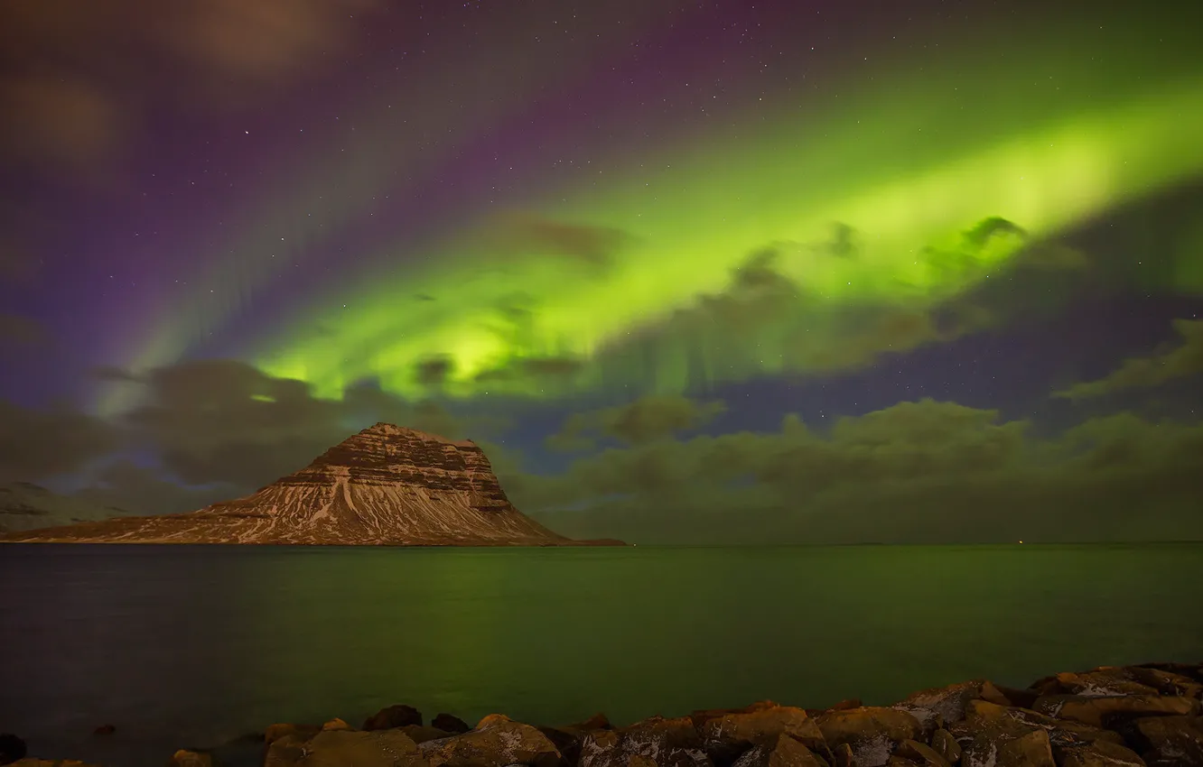 Photo wallpaper sea, mountain, Northern lights, Iceland