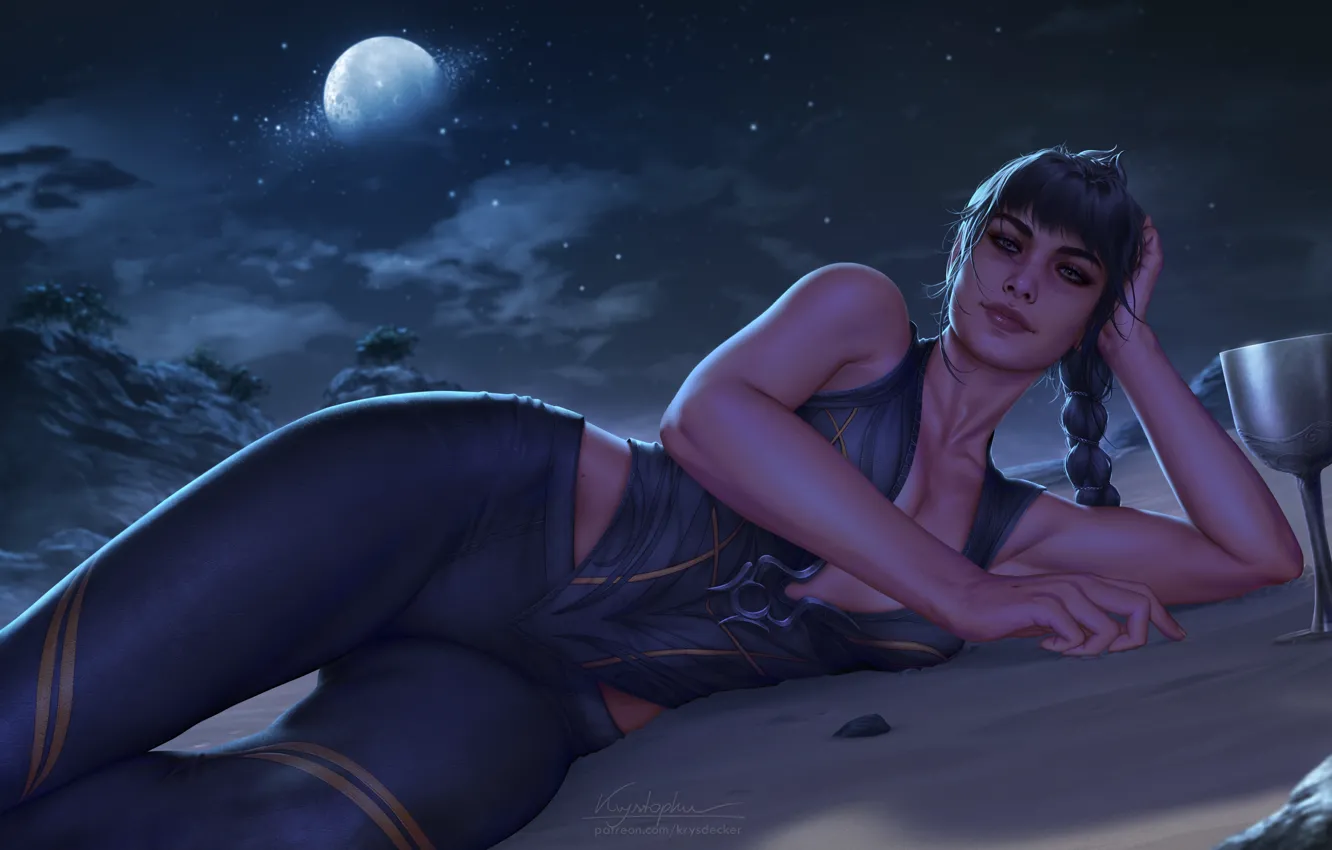 Photo wallpaper long hair, women, digital art, artwork, Illustration, lying down, dark hair, looking at viewer