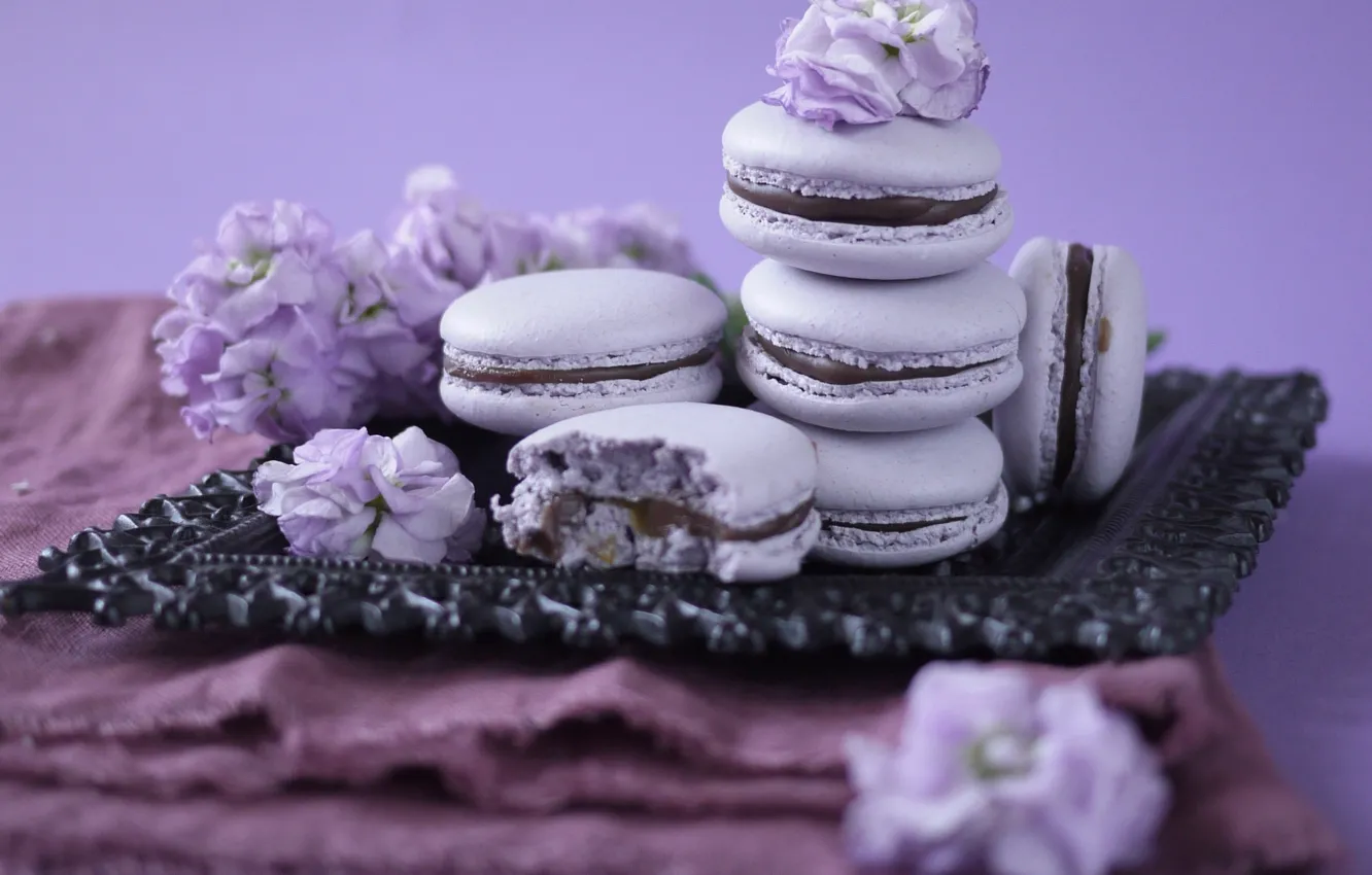 Photo wallpaper cookies, cream, lavender, tray, macaron, almond, Egrigorovich