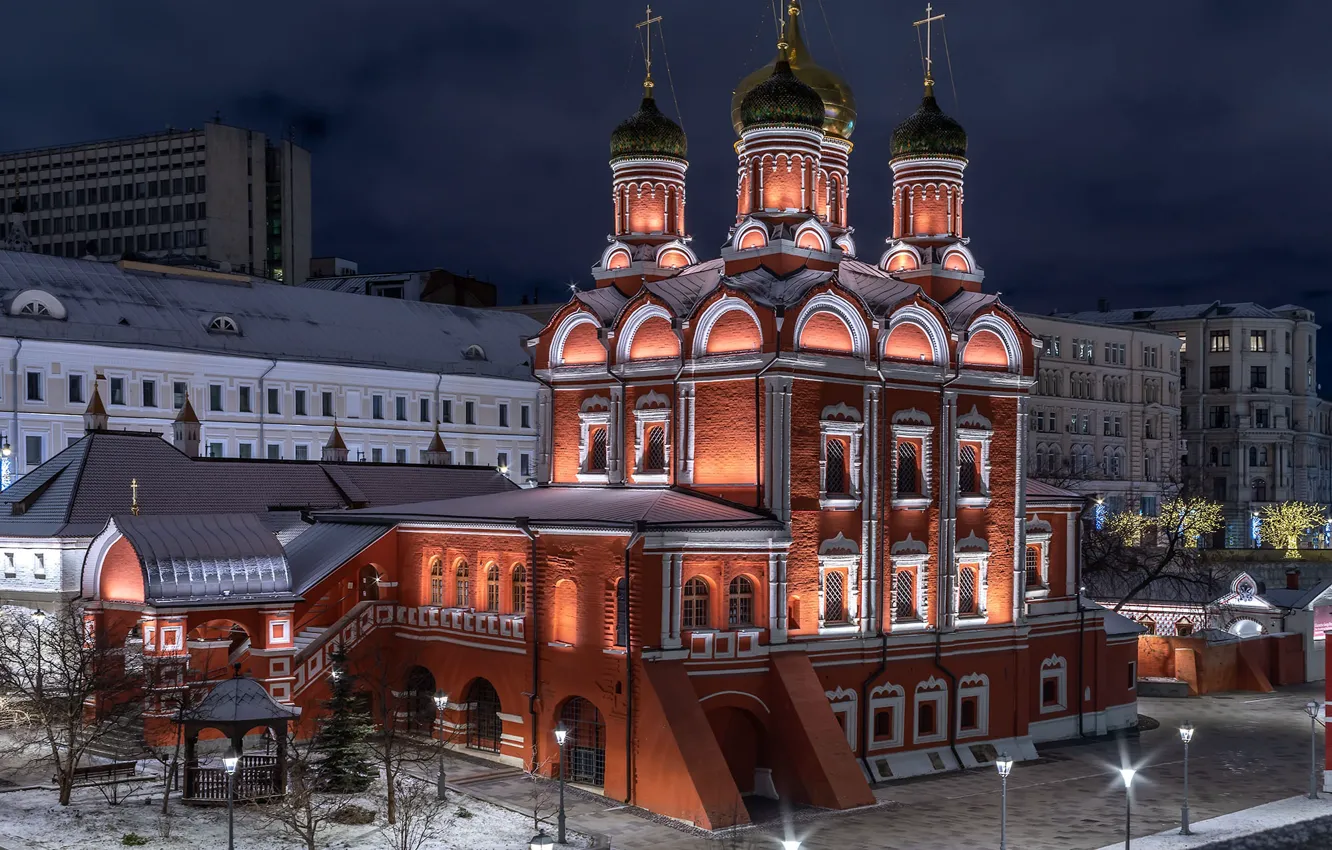 Photo wallpaper night, the city, lighting, Moscow, architecture, Li Si Qing, Znamensky Cathedral