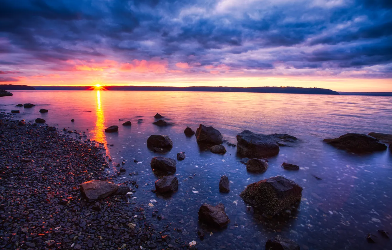 Photo wallpaper sea, the sky, the sun, clouds, rays, sunset, stones, the evening