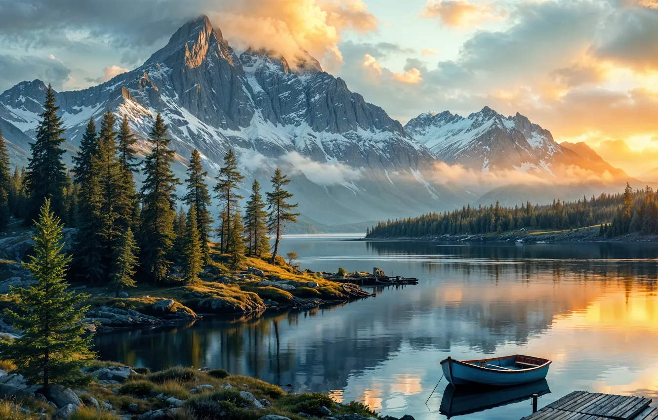 Photo wallpaper snow, trees, landscape, mountains, nature, river, panorama, river