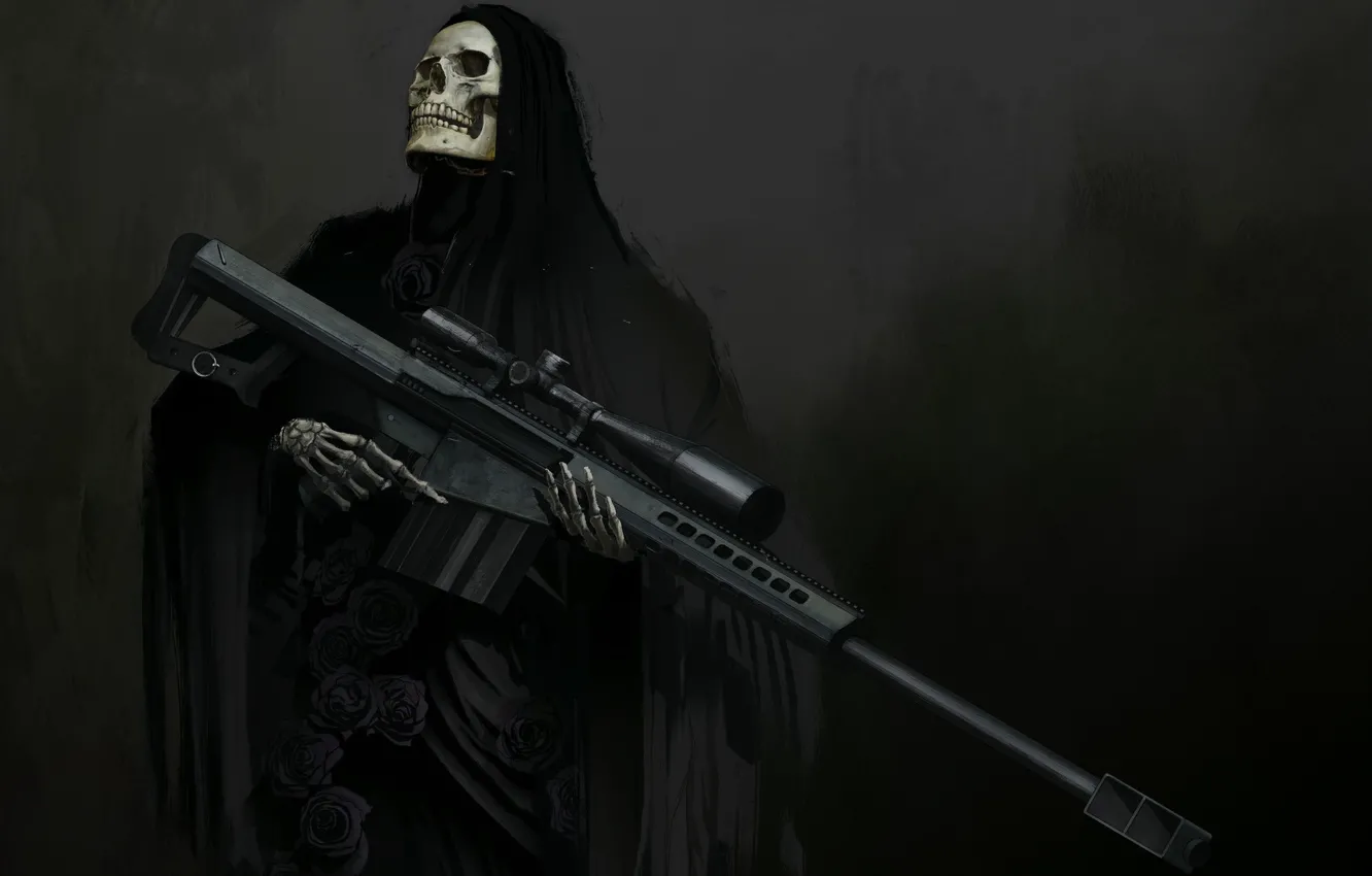 Photo wallpaper weapons, skull, fantasy, art, skeleton, hood, sight, sniper rifle