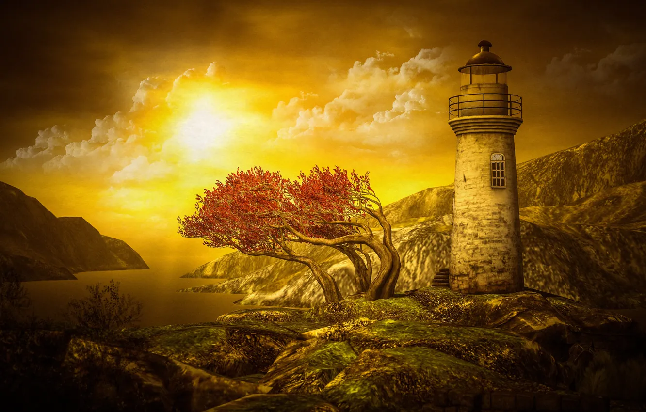 Photo wallpaper sea, autumn, the sky, the sun, clouds, light, trees, landscape