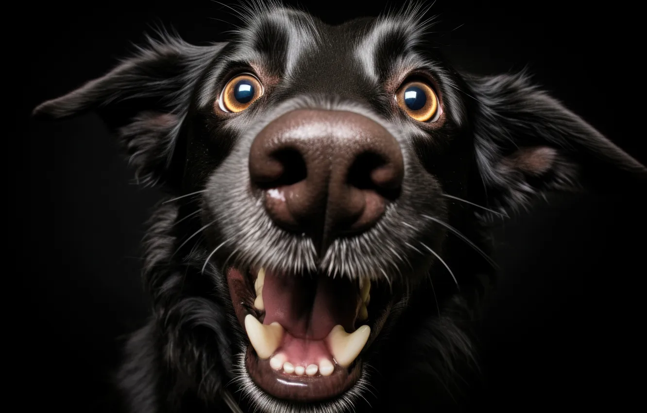 Photo wallpaper look, face, dog, fangs, black background, Labrador, front, funny