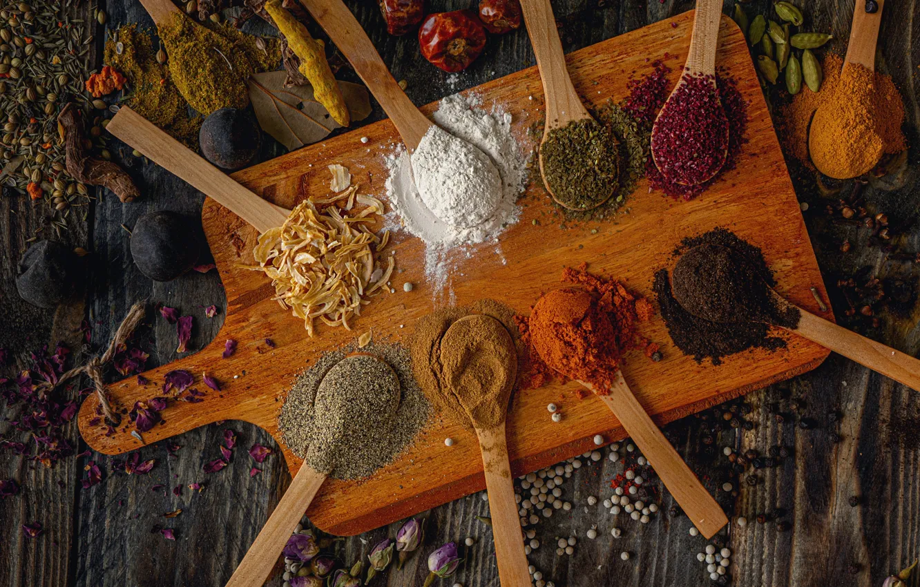 Photo wallpaper spoon, different, spices