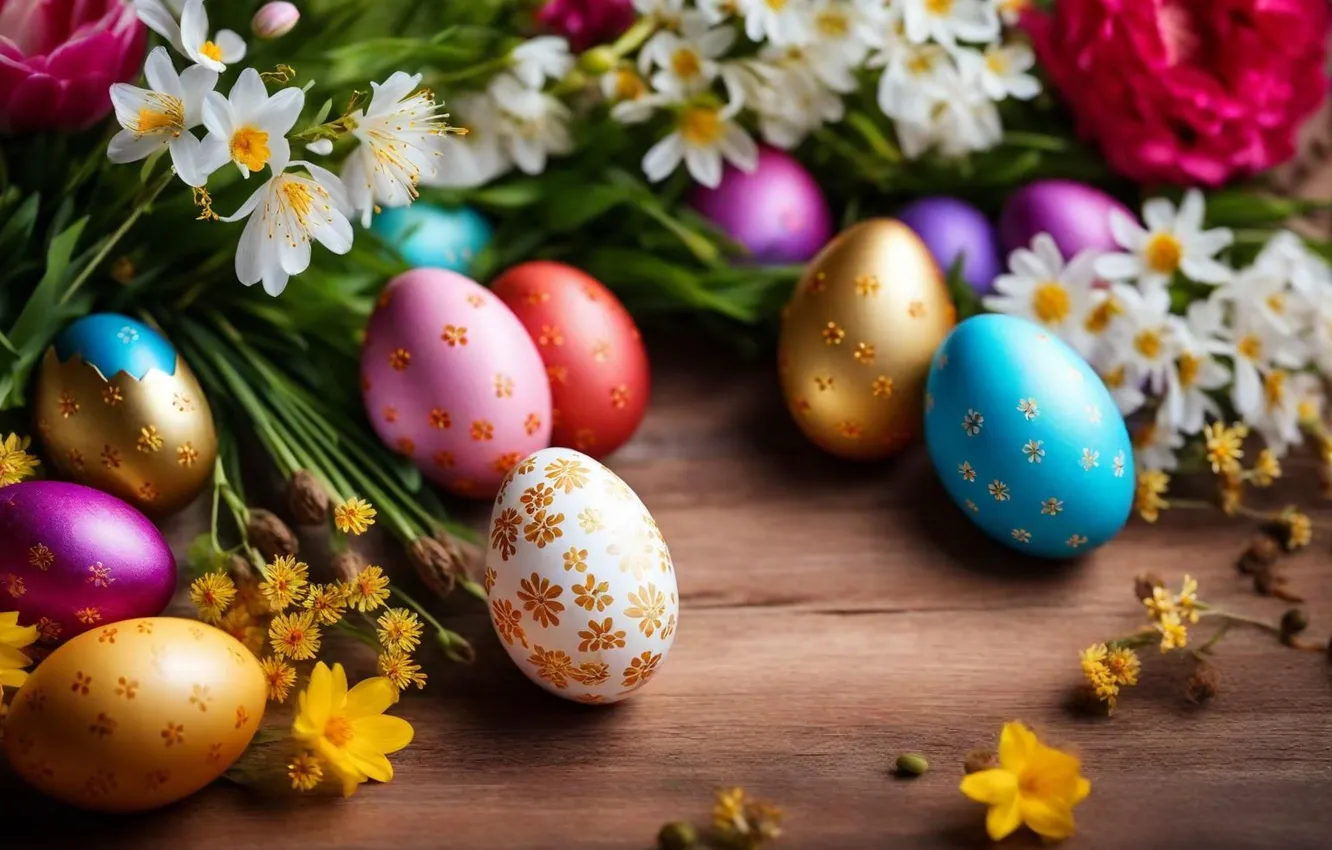 Photo wallpaper flowers, eggs, spring, colorful, Easter, flowers, spring, Easter