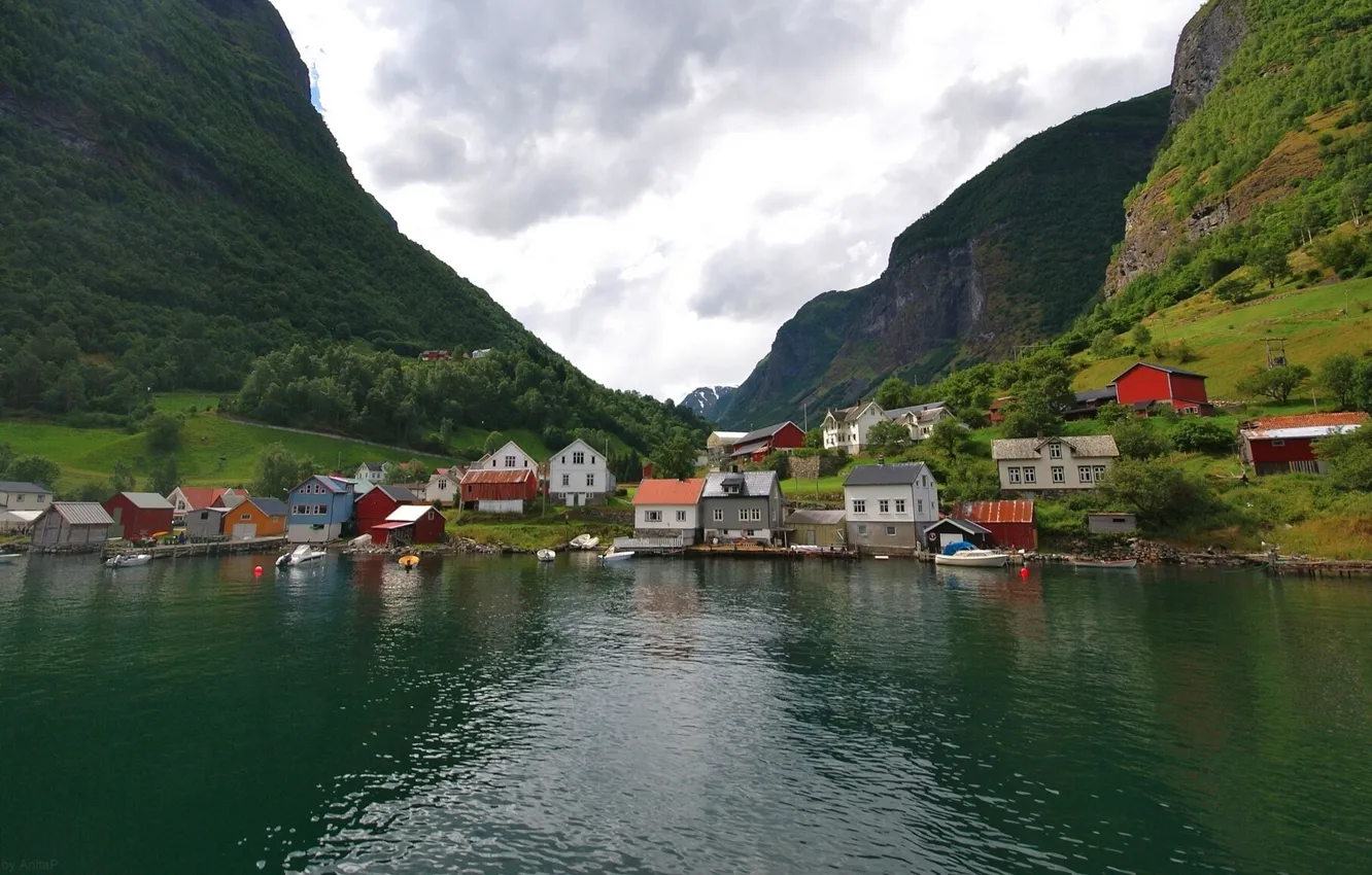 Photo wallpaper mountains, village, Norway, houses, Norway, the fjord, Undredal