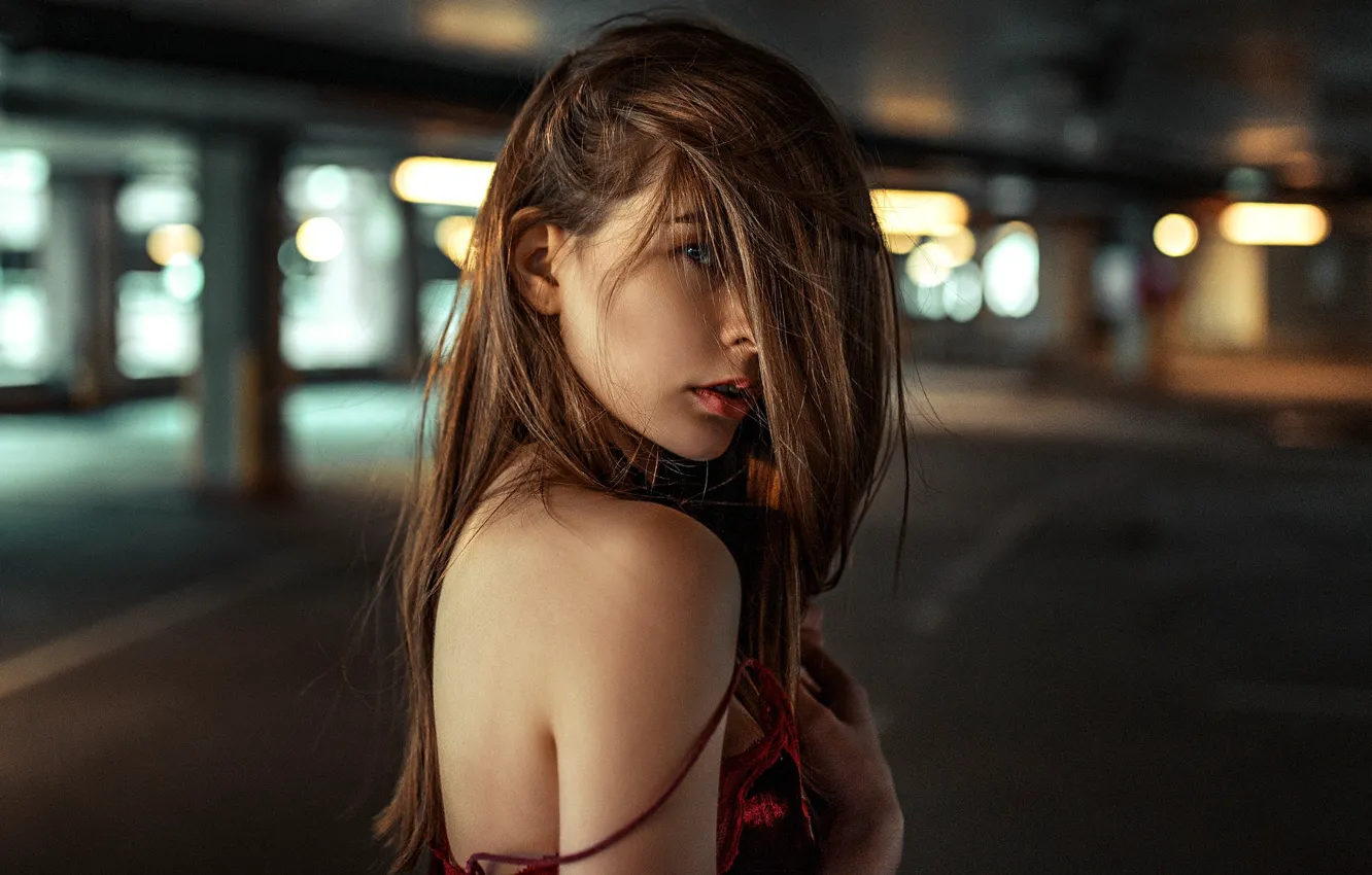 Photo wallpaper girl, long hair, brown hair, photo, photographer, blue eyes, model, bokeh