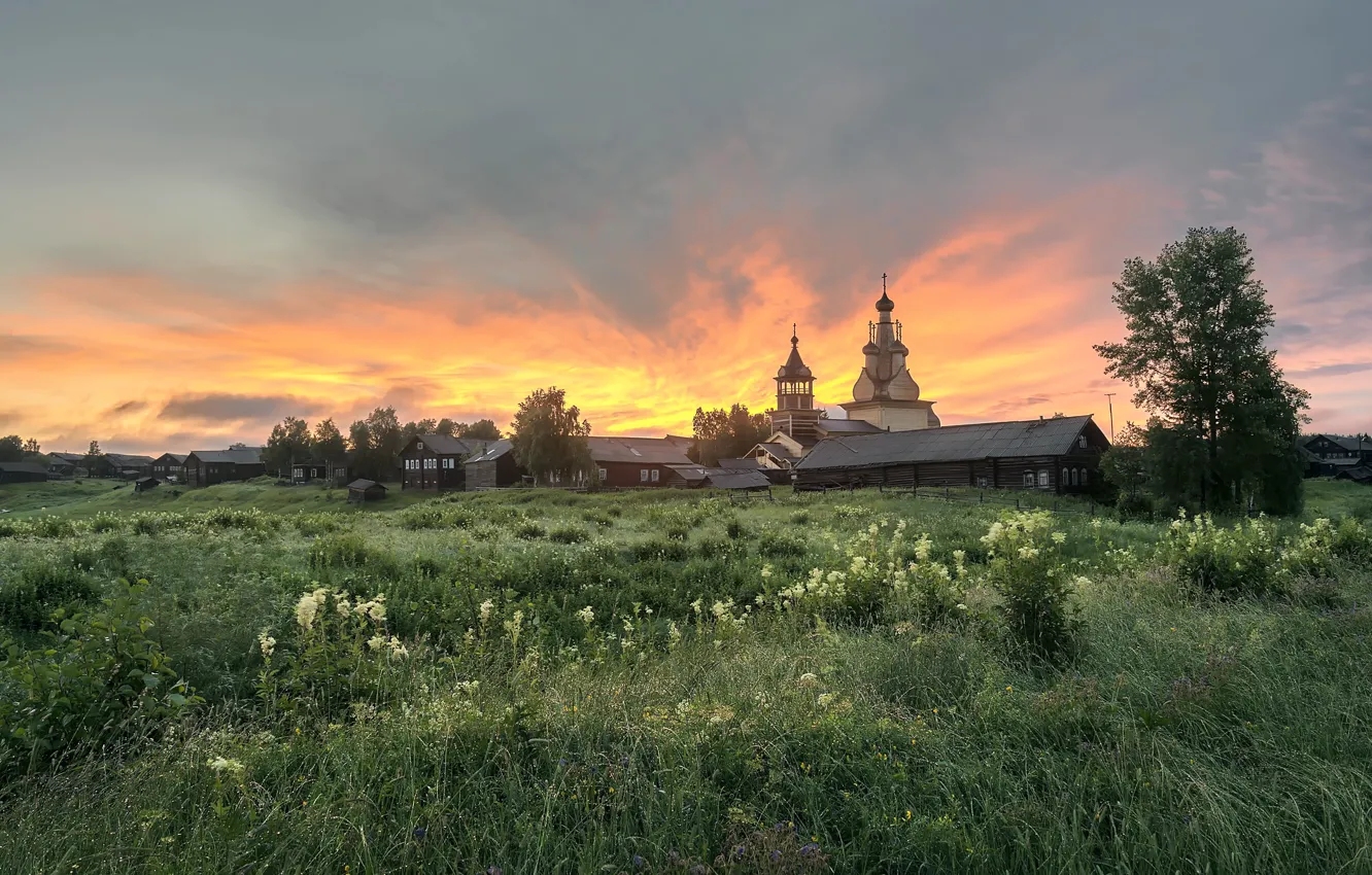 Photo wallpaper summer, morning, village, Church, Arkhangelsk oblast, Kimzha