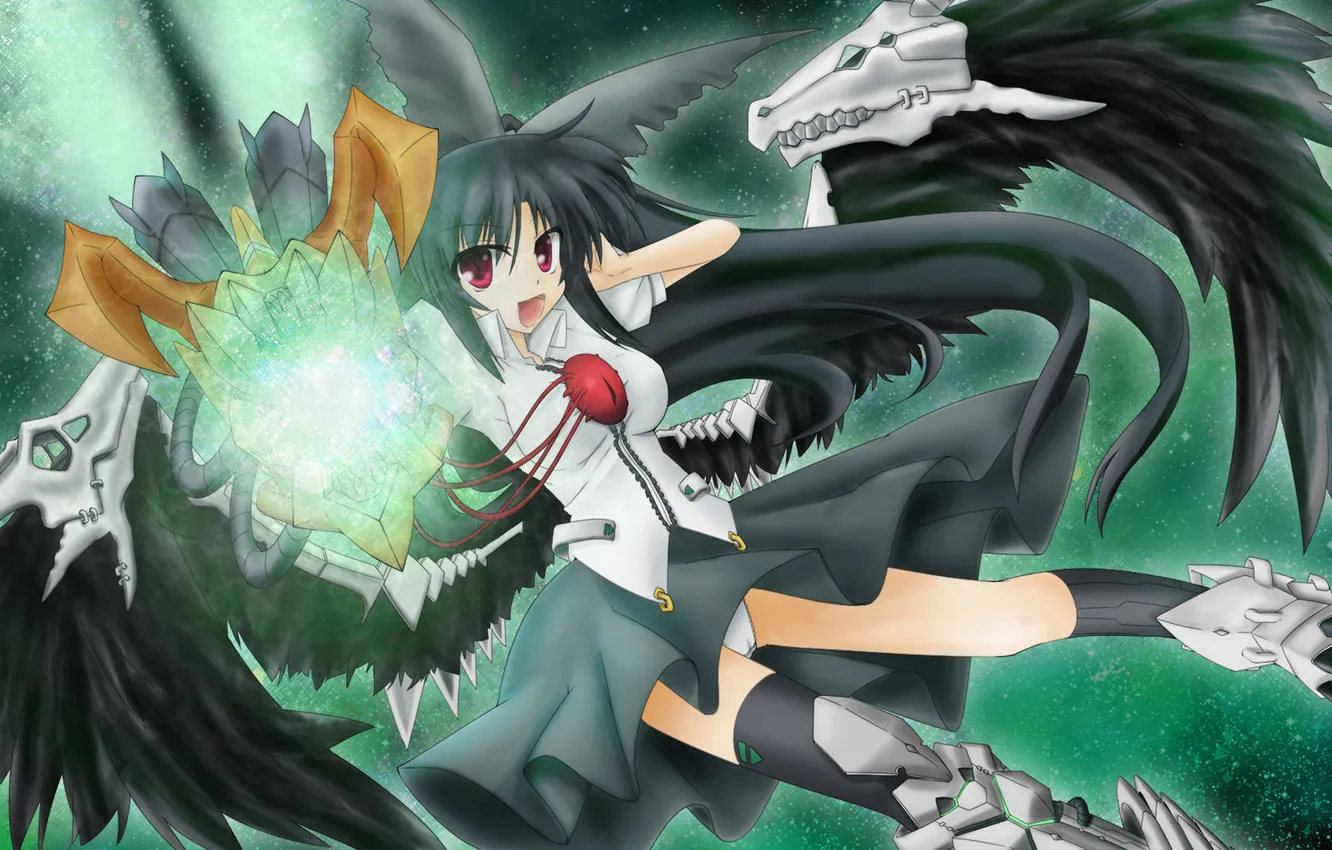 Photo wallpaper girl, magic, skull, wings, art, bow, reiu equipment, utsuho, touhou