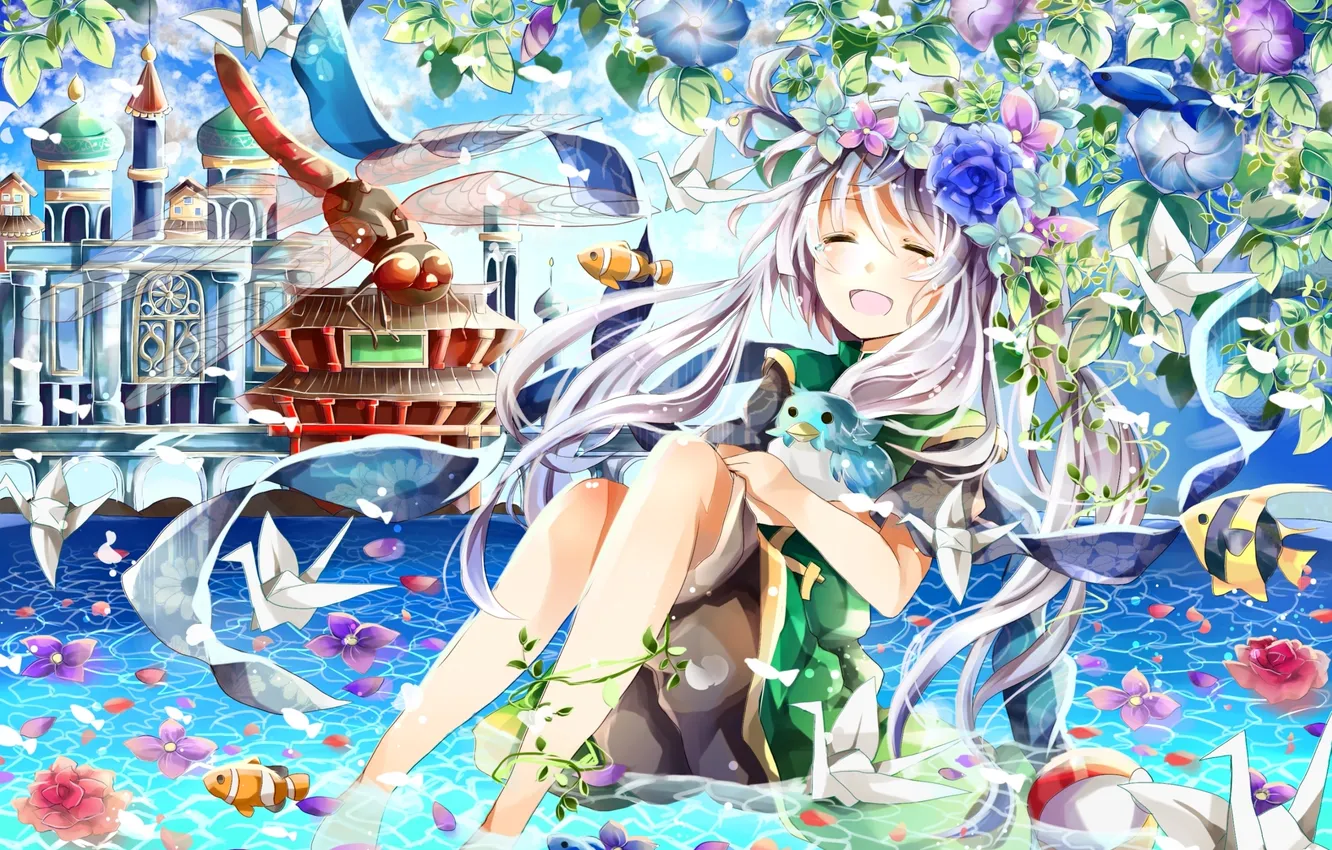 Photo wallpaper water, girl, fish, joy, flowers, castle, anime, petals