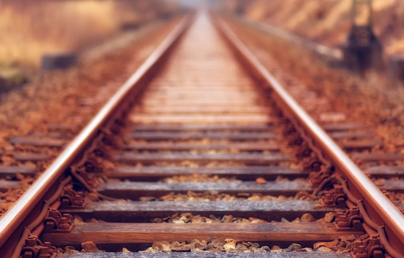Photo wallpaper the way, rails, sleepers, close-up, blur, railway, iron, rails