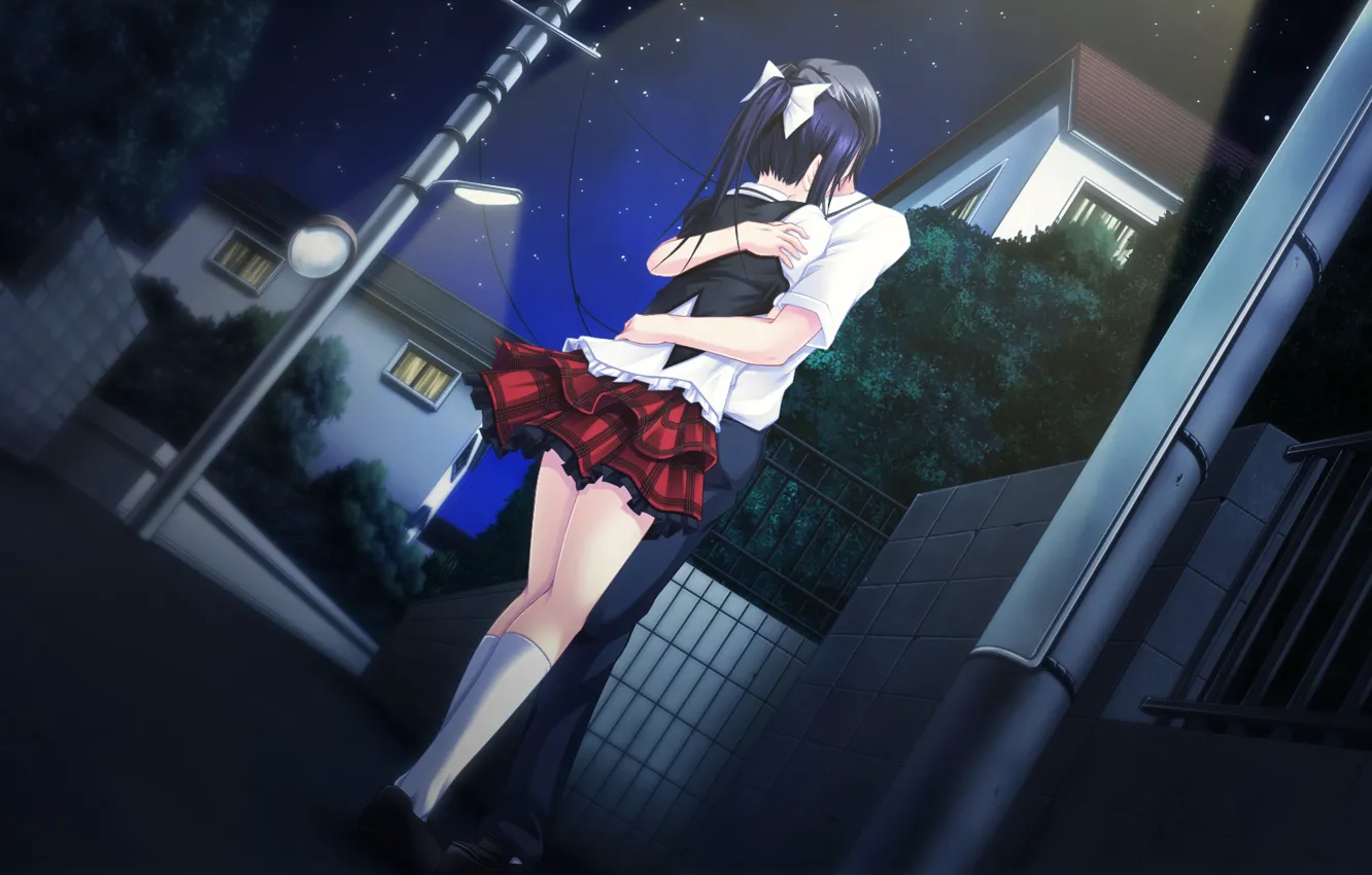Photo wallpaper hugs, lights, date, on the street, visual novel, starry night sky, by Masato Satofuji, Anata …