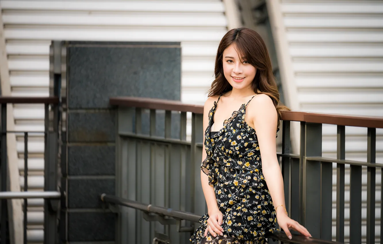 Photo wallpaper look, girl, smile, dress, brown hair, Asian, cutie