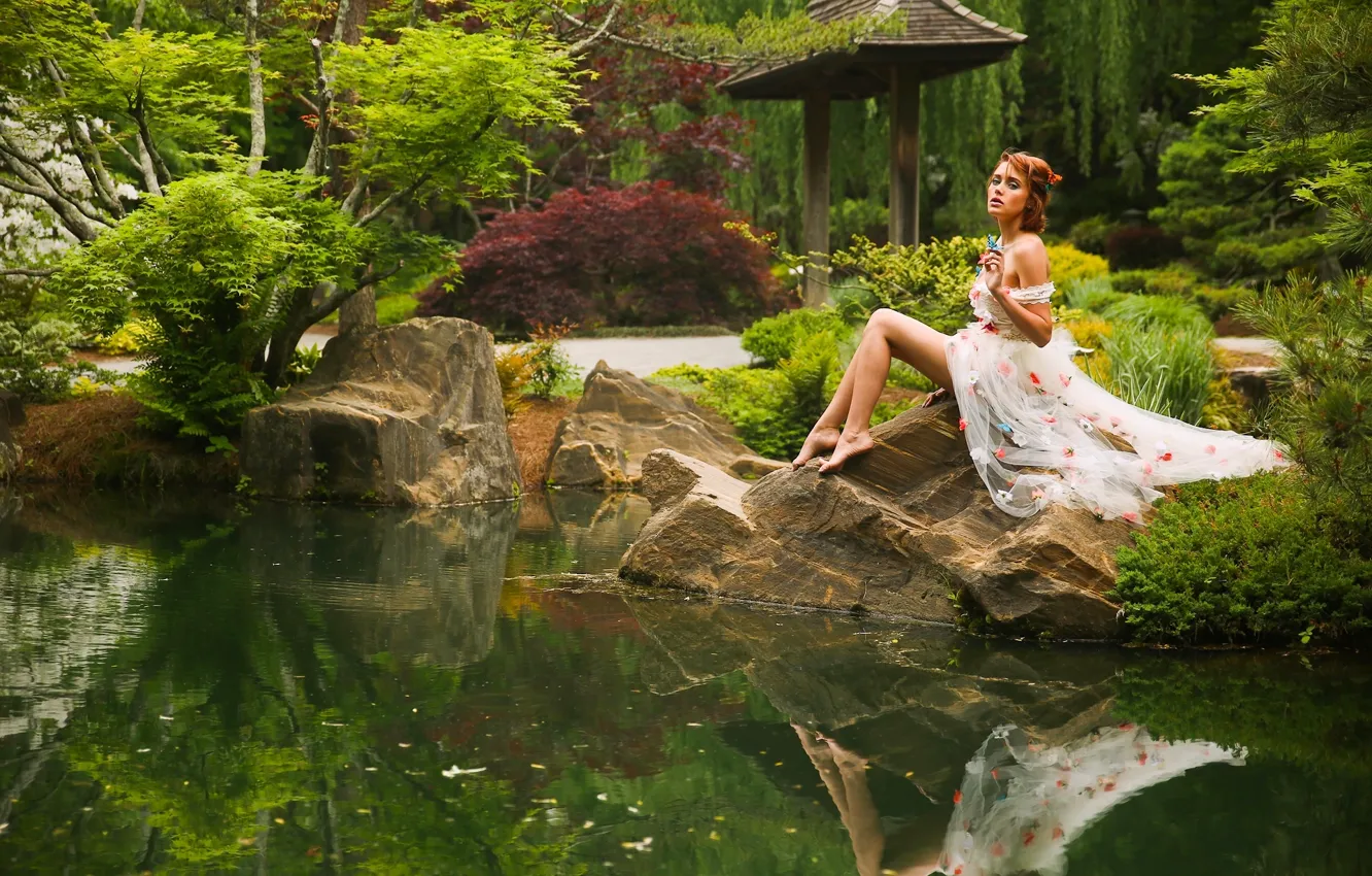 Photo wallpaper nature, pose, pond, Park, reflection, mood, model, Elizabeth Hassell