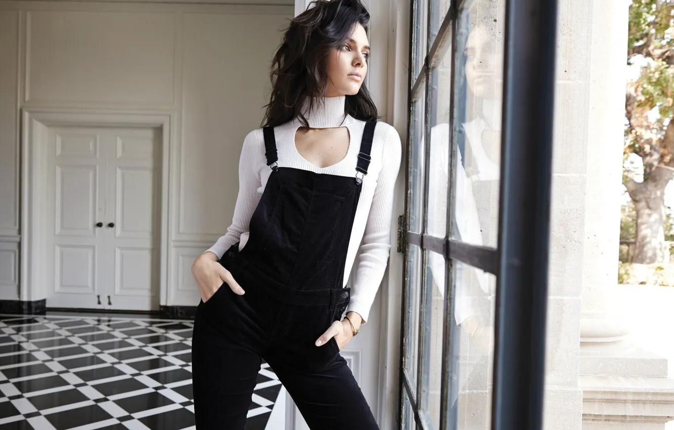 Photo wallpaper girl, brunette, cute, Jumpsuit