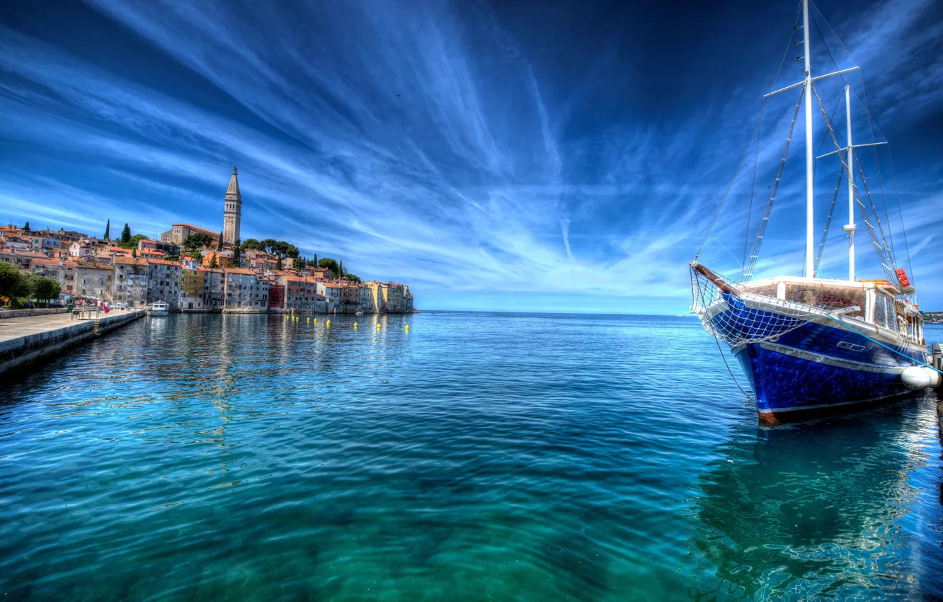 Photo wallpaper sea, the sky, coast, HDR, home, yacht, horizon, Croatia
