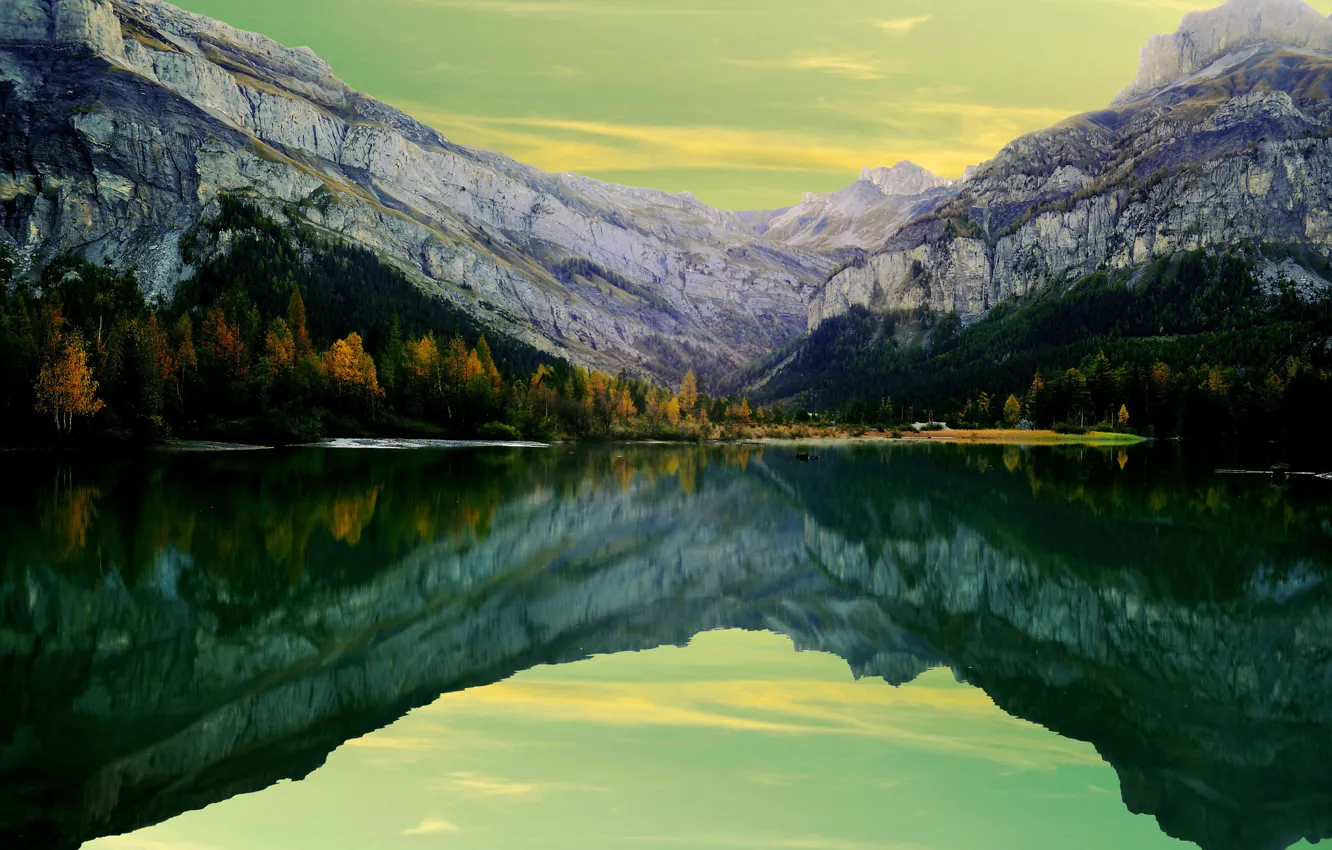 Photo wallpaper autumn, trees, mountains, lake, reflection