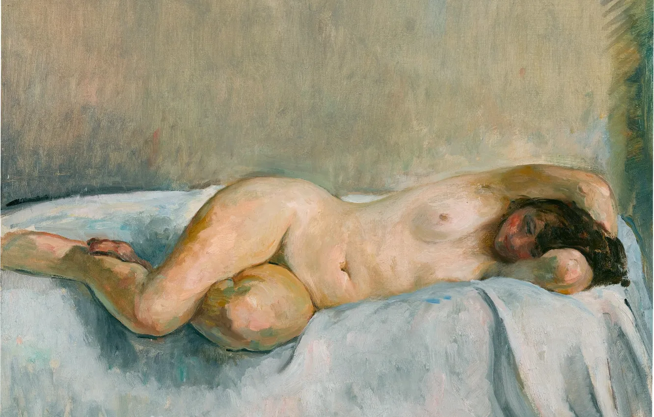 Photo wallpaper Girl, Picture, Bed, Naked, Henri Lebasque, Henri Lebacq, French artist, Naked lying face down