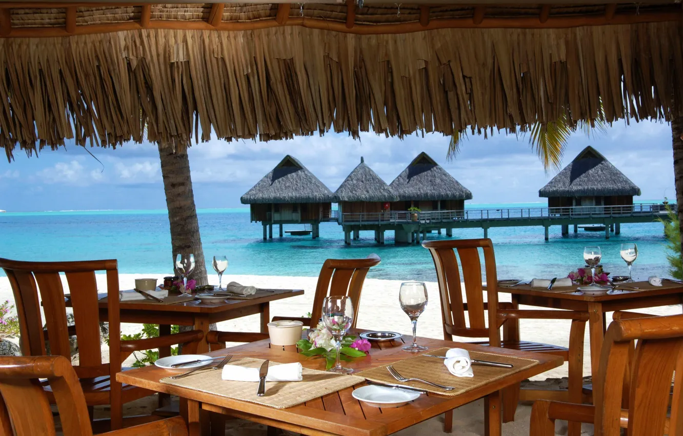 Photo wallpaper the ocean, view, restaurant, resort, Bungalow, terrace