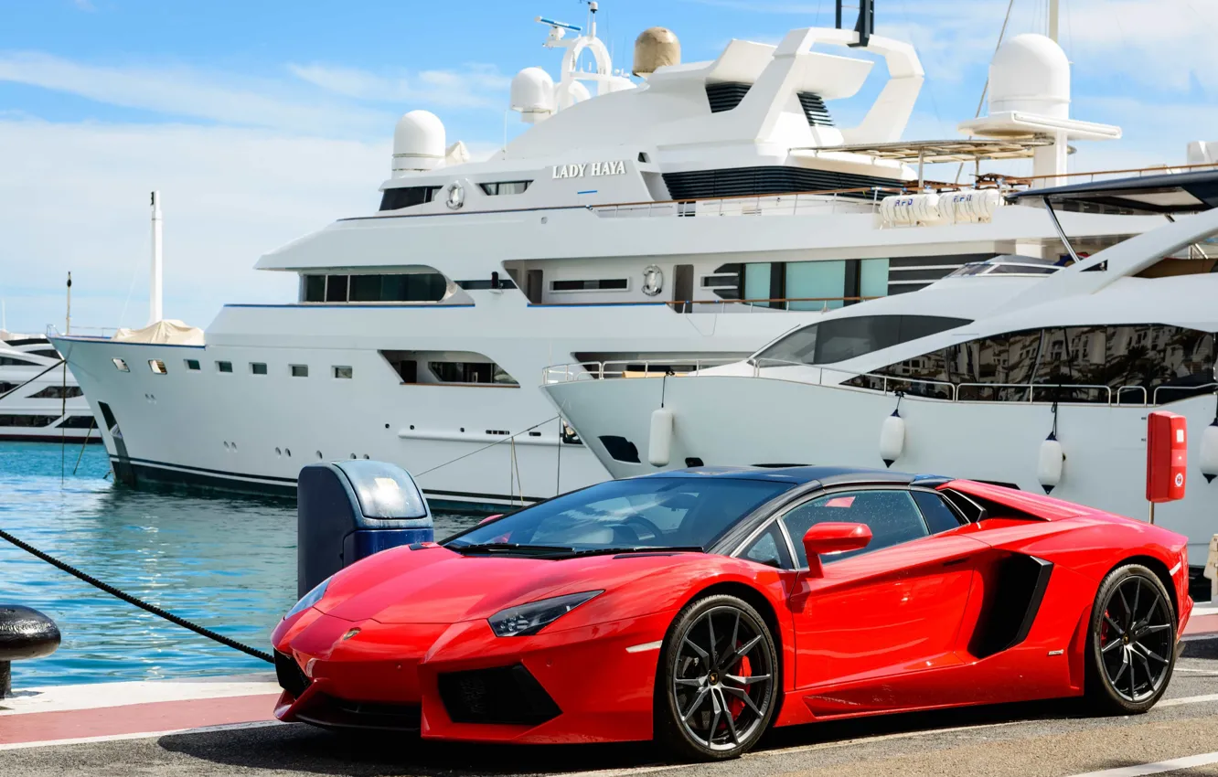 Photo wallpaper yacht, red, Aventador, Lamborghini Aventador, Sportcar, Lamboghini