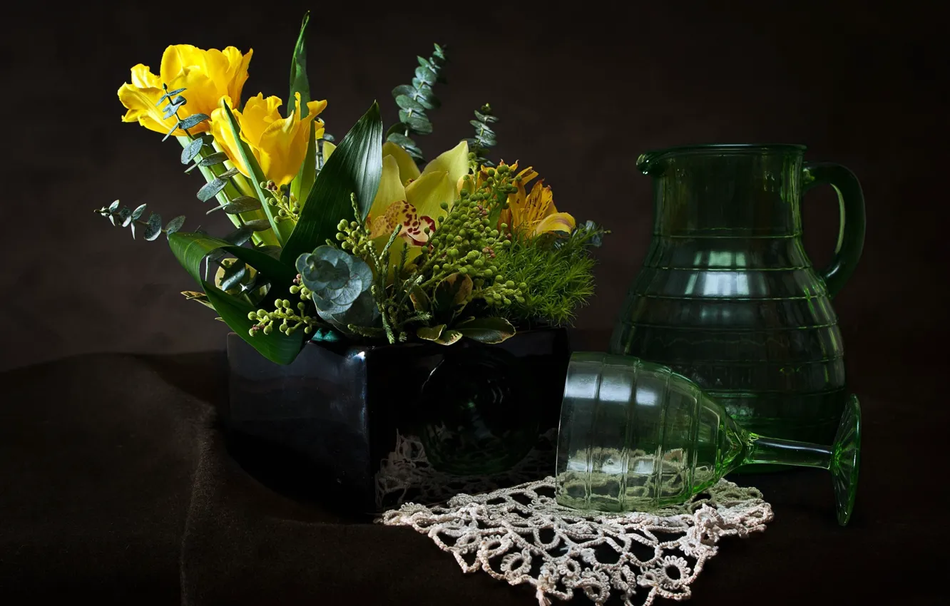 Photo wallpaper flowers, glass, bouquet, pitcher, still life