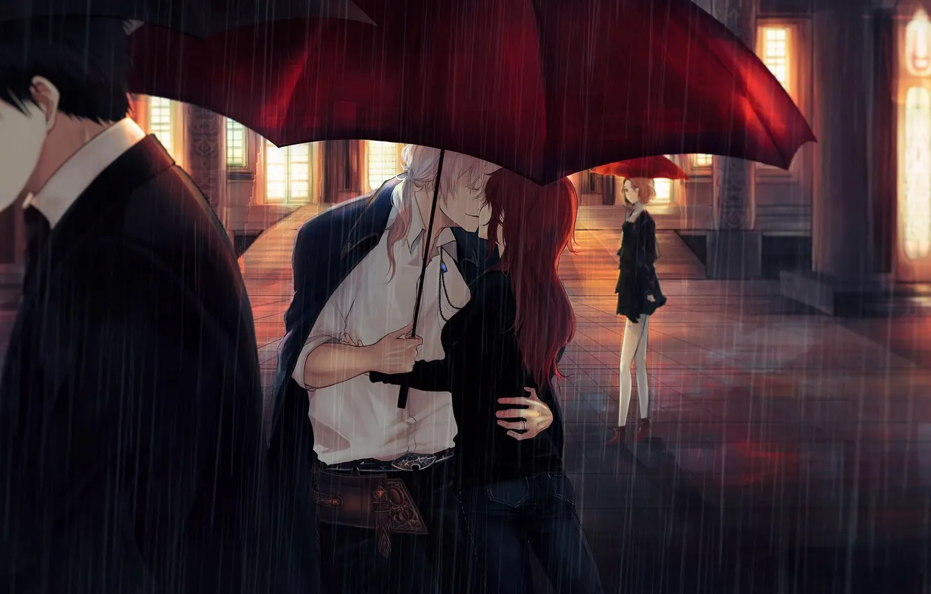 Photo wallpaper night, rain, romance, umbrella, two, passers-by