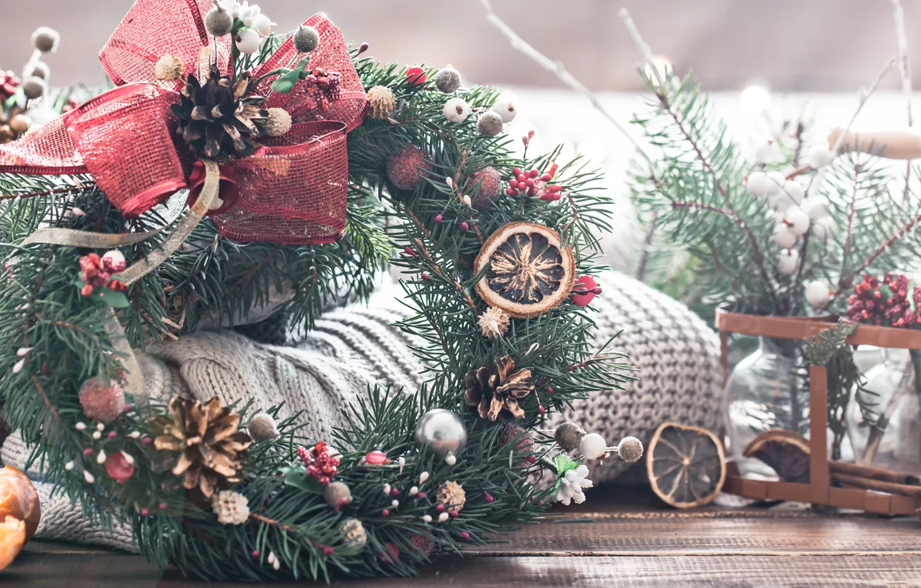 Photo wallpaper branches, Christmas, New year, Mandarin, decoration, Christmas wreath