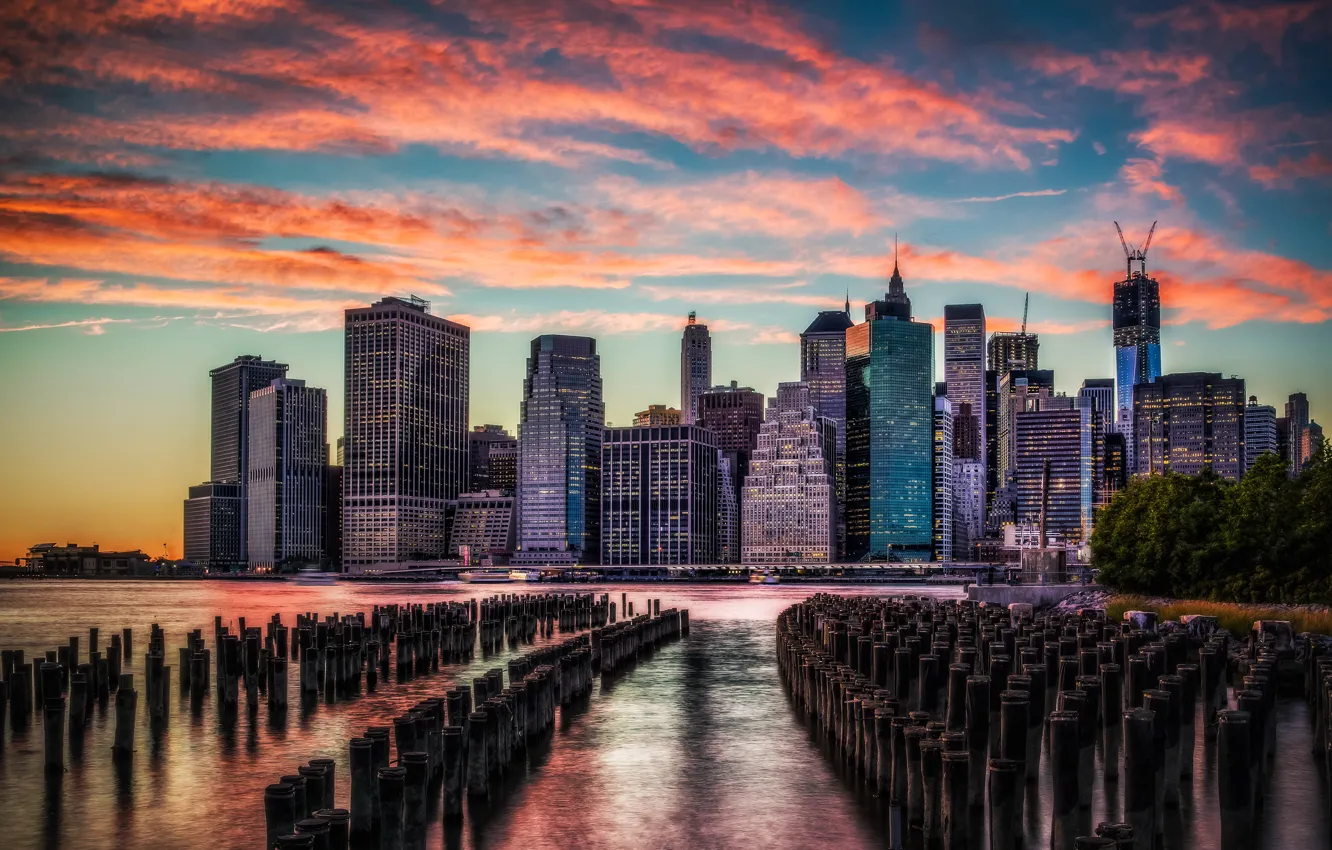 Photo wallpaper sunset, the city, photo, dawn, HDR, home, New York, skyscrapers