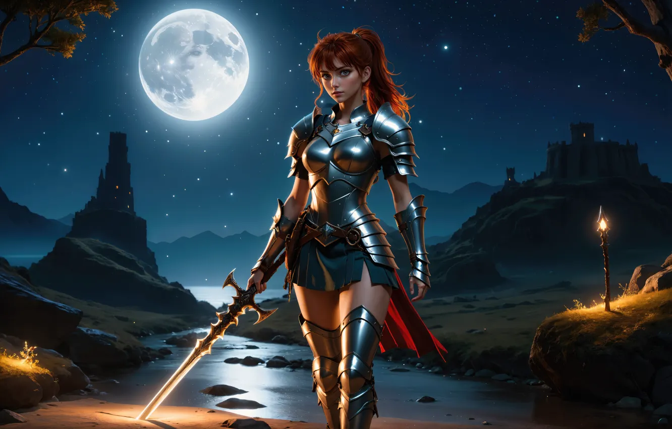Photo wallpaper girl, mountains, night, weapons, castle, the moon, sword, armor