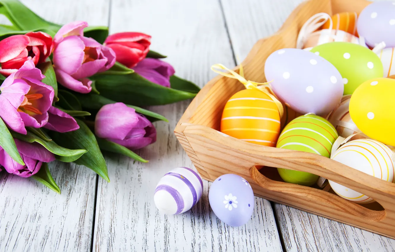 Photo wallpaper flowers, eggs, colorful, Easter, tulips, wood, pink, flowers