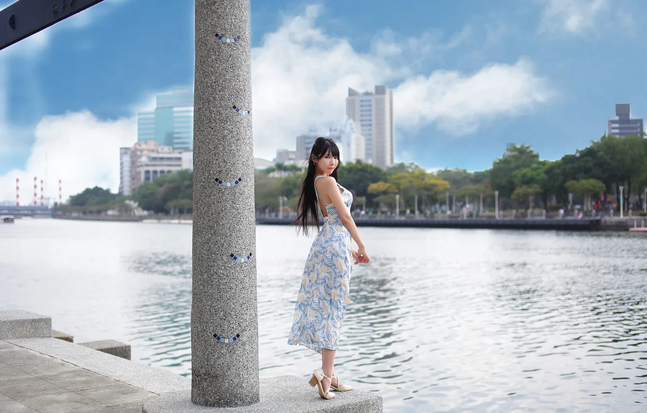 Photo wallpaper look, the sun, landscape, pose, river, model, portrait, makeup