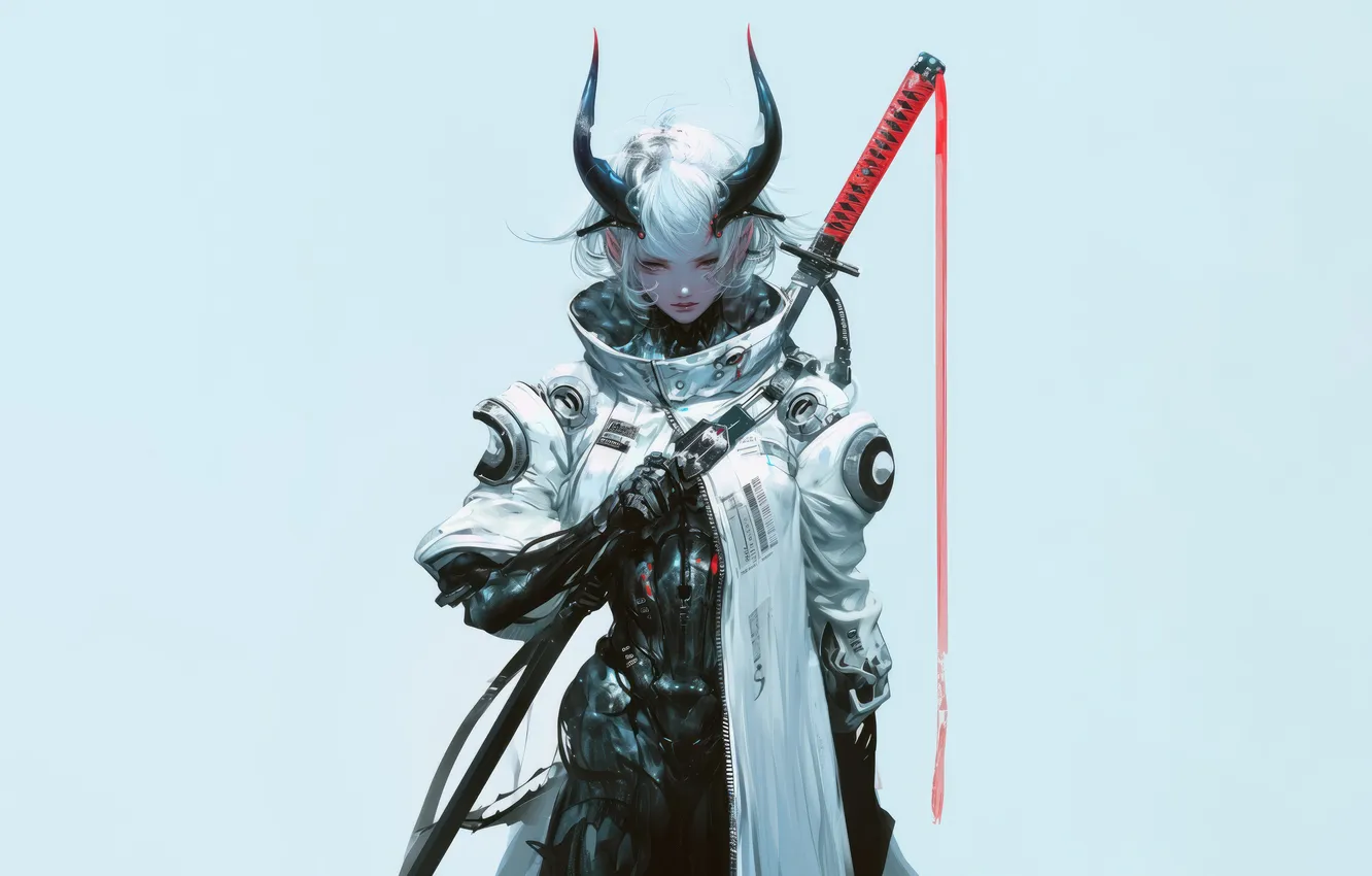 Photo wallpaper demon, girl, devil, anime, katana, sci-fi, white background, horn