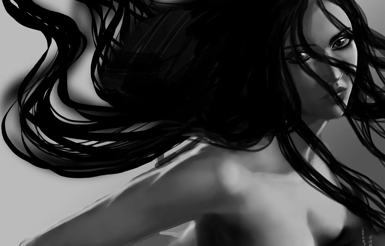 Photo wallpaper eyes, look, girl, face, hair, art, black and white, long