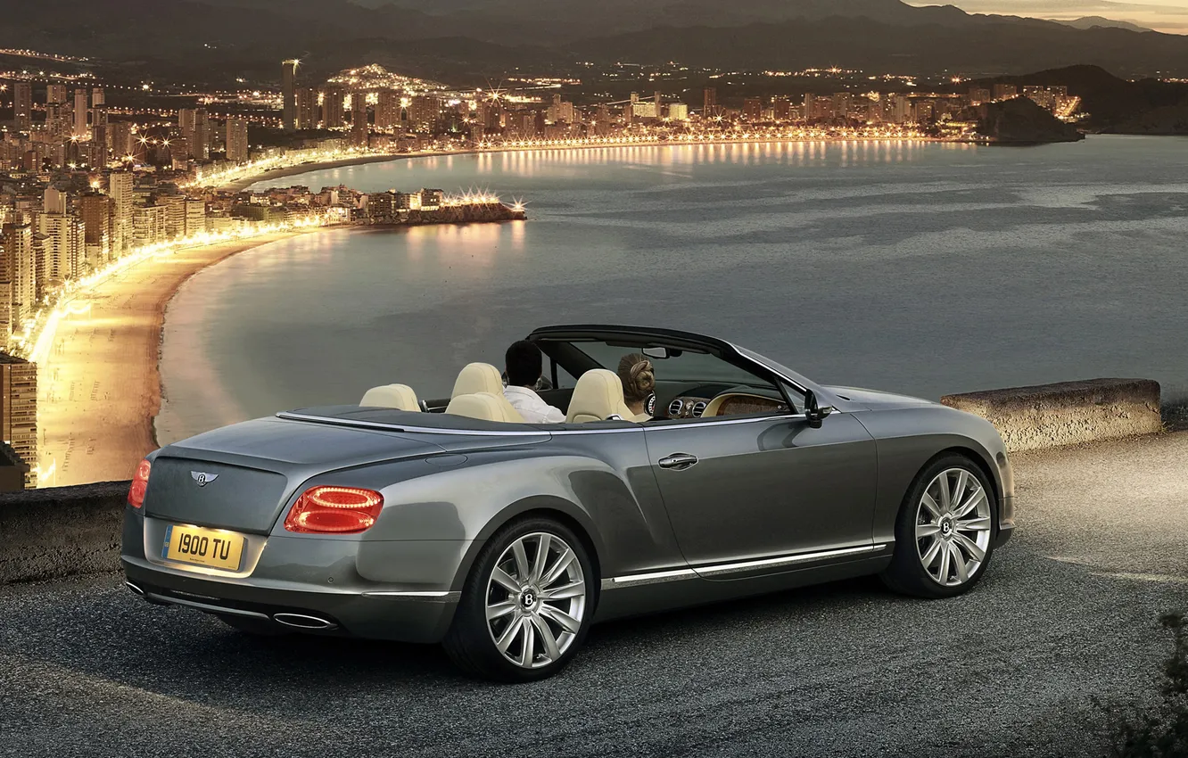 Photo wallpaper beach, night, the city, lights, shore, Bentley, Continental, convertible
